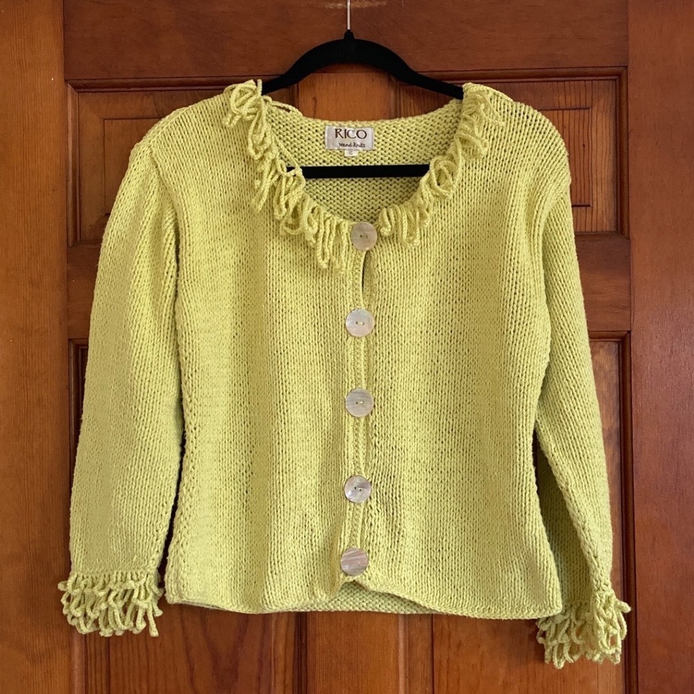 Rico Hand Knits Womens M Chartreuse Yellow Cotton Fringe Button Front Cardigan
